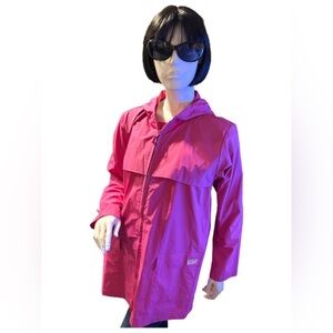 L.L Bean Hood Rain Jacket Pink Zip Front Pockets PVC Drawcord Waterproof Size L